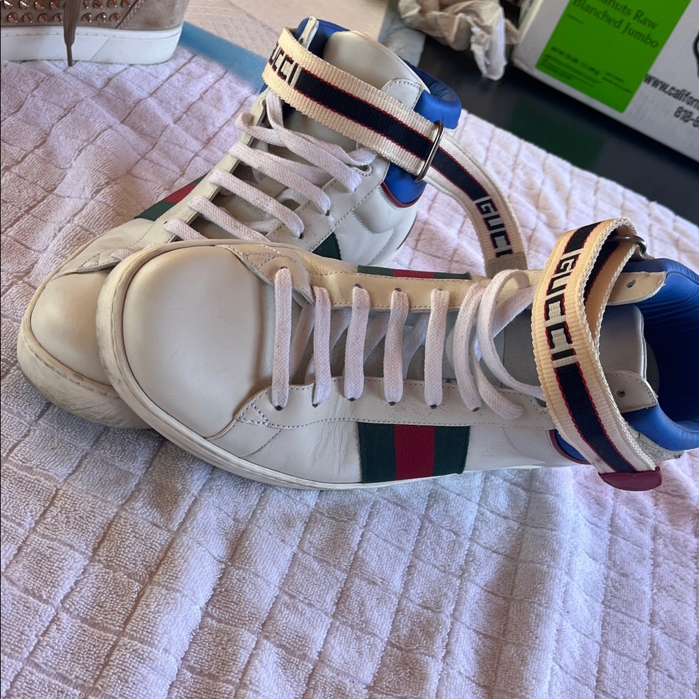 Gucci White High-Top Sneakers with Red and Green Stripes